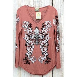 VOCAL Embellished Long Sleeve Top Size Large Floral‎ Vine Bling Rhinestone NWT